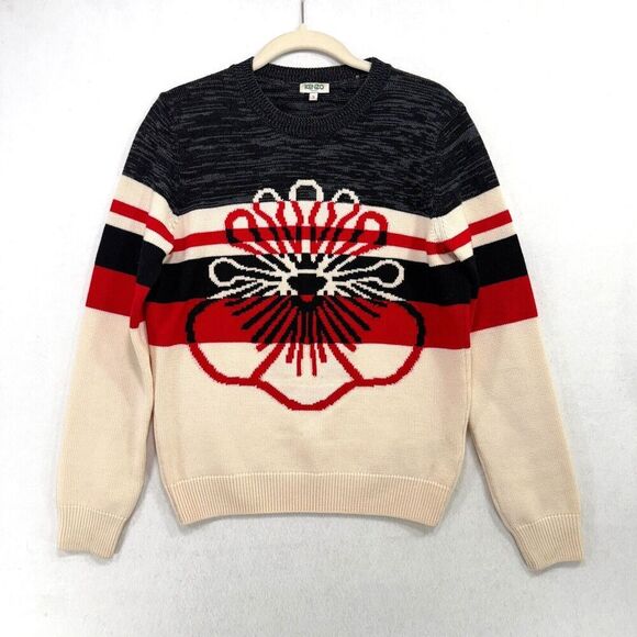 Kenzo Sweater Women S Grey Cream Striped Floral 100% Wool Japanese Designer Bold - Picture 1 of 12